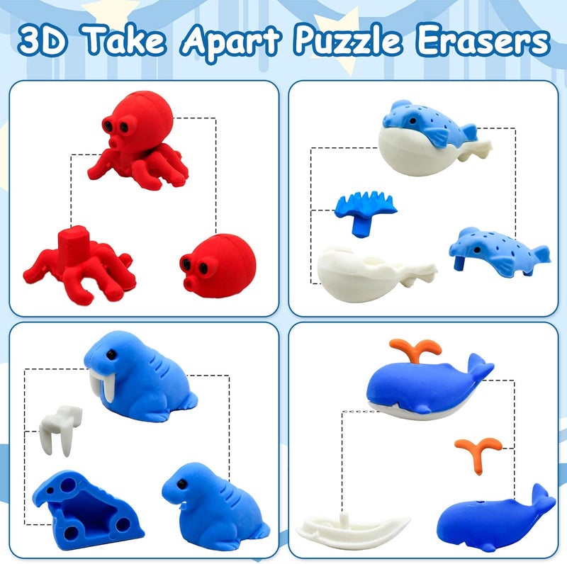 Satomoto 40 pcs Sea Animal Erasers for Kids Desk Pet, 3D Take Apart Animal Pencil Erasers for Kids Classroom Prizes, Class Treasure Box,Game Rewards,Party Favors - Image 2